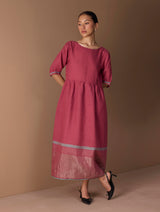 Mara Metallic Linen Gathered Dress - Metallic Crimson