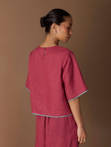 Ozra Cropped Linen Top - Metallic Crimson