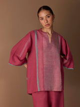 Zina Metallic Linen Top - Metallic Crimson