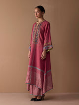 Mahra Hand-Embroidered Linen Kurta - Metallic Crimson