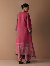 Mahra Hand-Embroidered Linen Kurta - Metallic Crimson