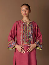 Mahra Hand-Embroidered Linen Kurta - Metallic Crimson