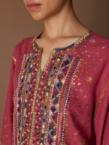Mahra Hand-Embroidered Linen Kurta - Metallic Crimson