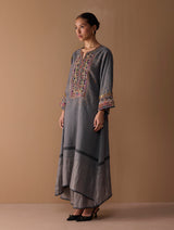 Mahra Hand-Embroidered Linen Kurta - Metallic Grey