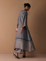 Mahra Hand-Embroidered Linen Kurta Set - Metallic Grey