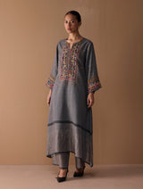 Mahra Hand-Embroidered Linen Kurta - Metallic Grey