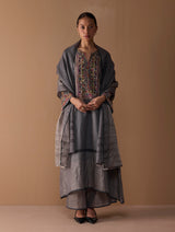 Mahra Hand-Embroidered Linen Kurta Set - Metallic Grey