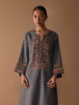 Mahra Hand-Embroidered Linen Kurta Set - Metallic Grey