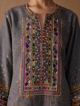 Mahra Hand-Embroidered Linen Kurta Set - Metallic Grey