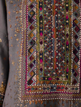 Mahra Hand-Embroidered Linen Kurta Set - Metallic Grey