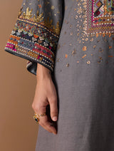 Mahra Hand-Embroidered Linen Kurta Set - Metallic Grey