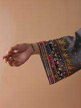 Mahra Hand-Embroidered Linen Kurta - Metallic Grey