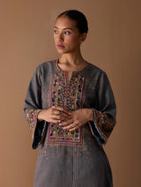 Mahra Hand-Embroidered Linen Kurta Set - Metallic Grey