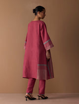 Marwa Metallic Linen Panelled Kurta - Metallic Crimson