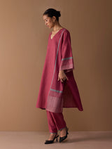 Marwa Metallic Linen Panelled Kurta - Metallic Crimson