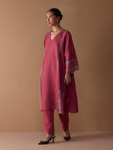 Marwa Metallic Linen Panelled Kurta Set - Metallic Crimson