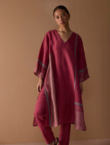 Marwa Metallic Linen Panelled Kurta Set - Metallic Crimson
