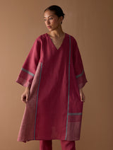 Marwa Metallic Linen Panelled Kurta Set - Metallic Crimson