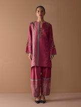 Sahar Hand-Embroidered Kurta Set - Metallic Crimson