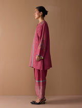 Sahar Hand-Embroidered Kurta Set - Metallic Crimson