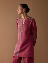 Sahar Hand-Embroidered Kurta Set - Metallic Crimson