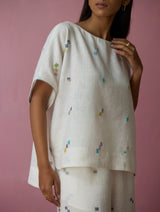 Kanni Hand-Embroidered Jamdani Linen Top - Ivory