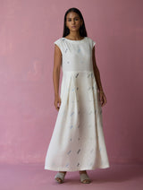 Zaha Cap Sleeve Jamdani Linen Dress - Ivory
