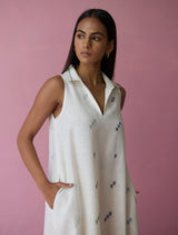 Cara Collared Jamdani Linen Dress - Ivory