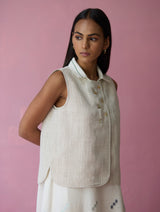 Cara Collared Jamdani Linen Co-ord Set - Ivory