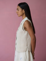 Cara Collared Jamdani Linen Co-ord Set - Ivory