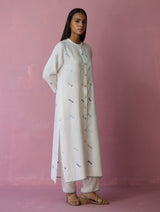 Miel Hand-Embroidered Jamdani Linen Shirt Kurta - Ivory
