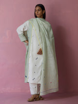 Mila Hand-Embroidered Jamdani Linen Dupatta - Aqua