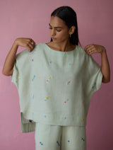 Kanni Hand-Embroidered Jamdani Co-ord Set - Aqua