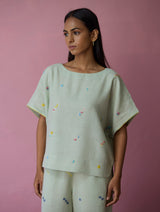 Kanni Hand-Embroidered Jamdani Co-ord Set - Aqua