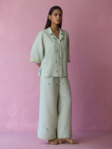 Imri Cuban Collared Jamdani Linen Co-ord Set - Aqua