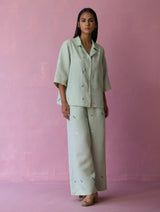 Imri Cuban Collared Jamdani Linen Co-ord Set - Aqua