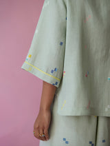 Imri Cuban Collar Jamdani Linen Shirt - Aqua
