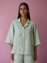 Imri Cuban Collared Jamdani Linen Co-ord Set - Aqua