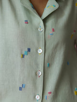 Imri Cuban Collared Jamdani Linen Co-ord Set - Aqua