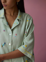 Imri Cuban Collared Jamdani Linen Co-ord Set - Aqua