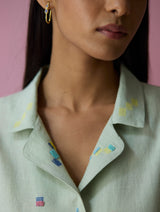 Imri Cuban Collared Jamdani Linen Co-ord Set - Aqua