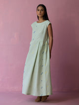 Zaha Cap Sleeve Jamdani Linen Dress - Aqua