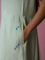 Zaha Cap Sleeve Jamdani Linen Dress - Aqua