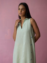 Cara Collared Jamdani Linen Dress - Aqua