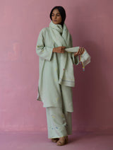 Mila Hand-Embroidered Jamdani Linen Dupatta - Aqua