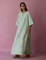 Rina High-slit Jamdani Linen Kurta - Aqua