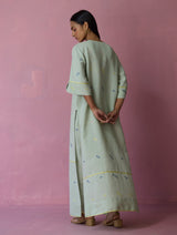 Rina High-slit Jamdani Linen Kurta - Aqua