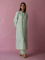 Miel Hand-Embroidered Jamdani Linen Shirt Kurta - Aqua