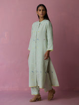 Miel Hand-Embroidered Jamdani Linen Shirt Kurta - Aqua