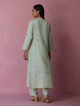 Miel Hand-Embroidered Jamdani Linen Shirt Kurta - Aqua